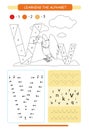 Letter V and funny cartoon vulture. Animals alphabet a-z. Coloring page. Printable worksheet. Handwriting practice. Connect the do Royalty Free Stock Photo